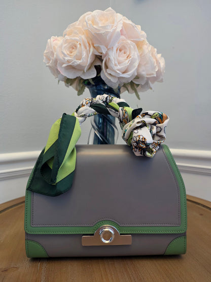 Moynat Réjane PM Top Handle Bag in Gris & Vert Calfskin