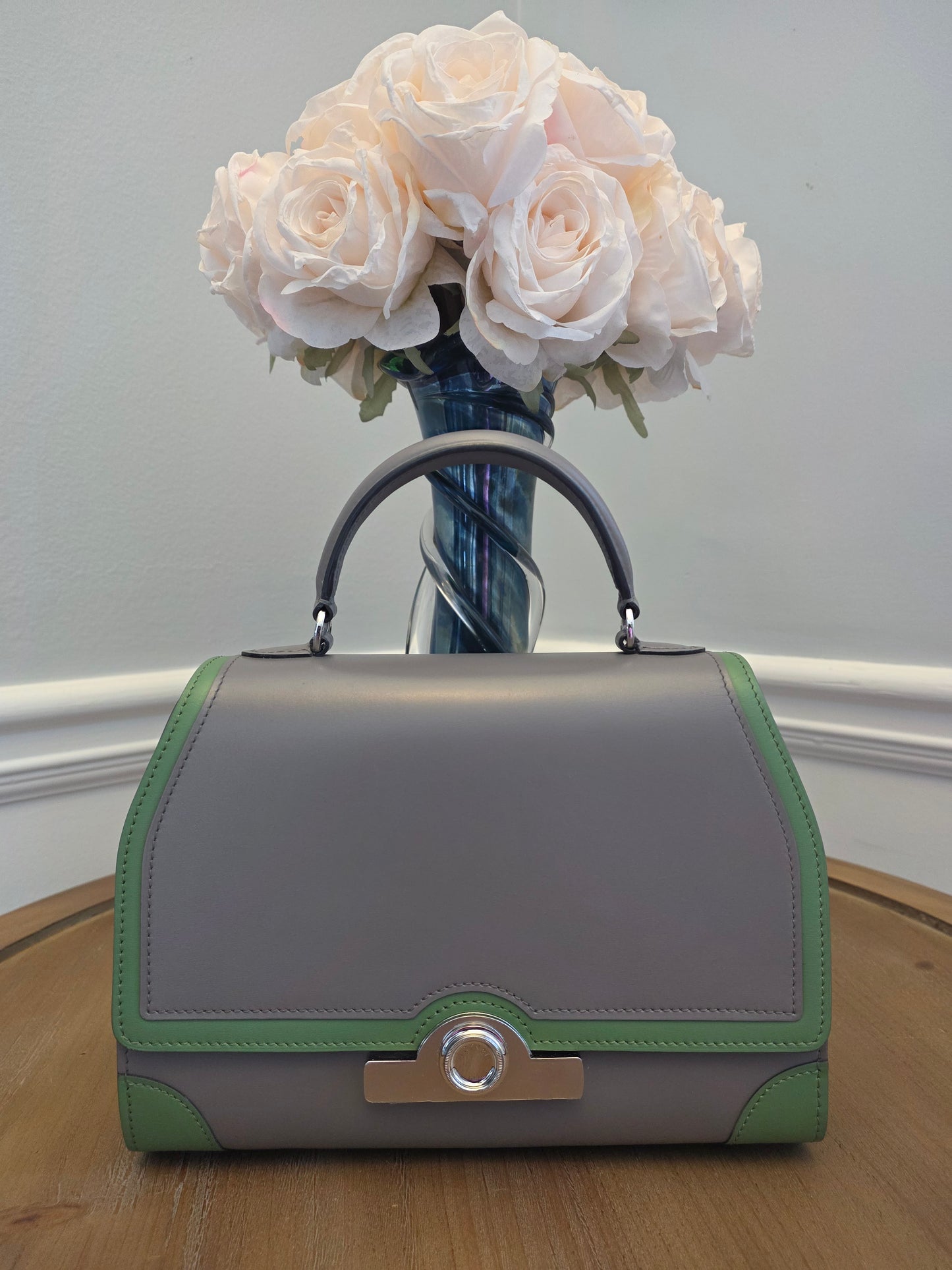 Moynat Réjane PM Top Handle Bag in Gris & Vert Calfskin