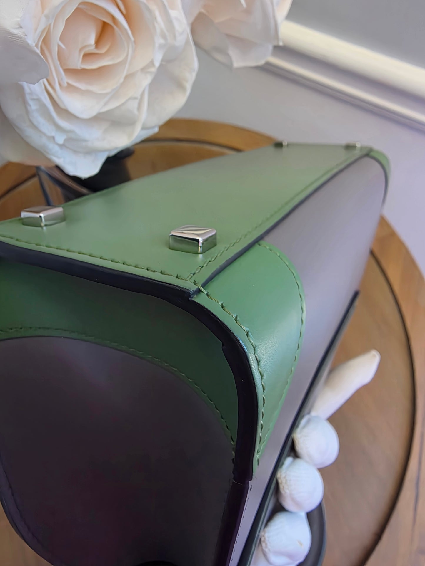 Moynat Réjane PM Top Handle Bag in Gris & Vert Calfskin