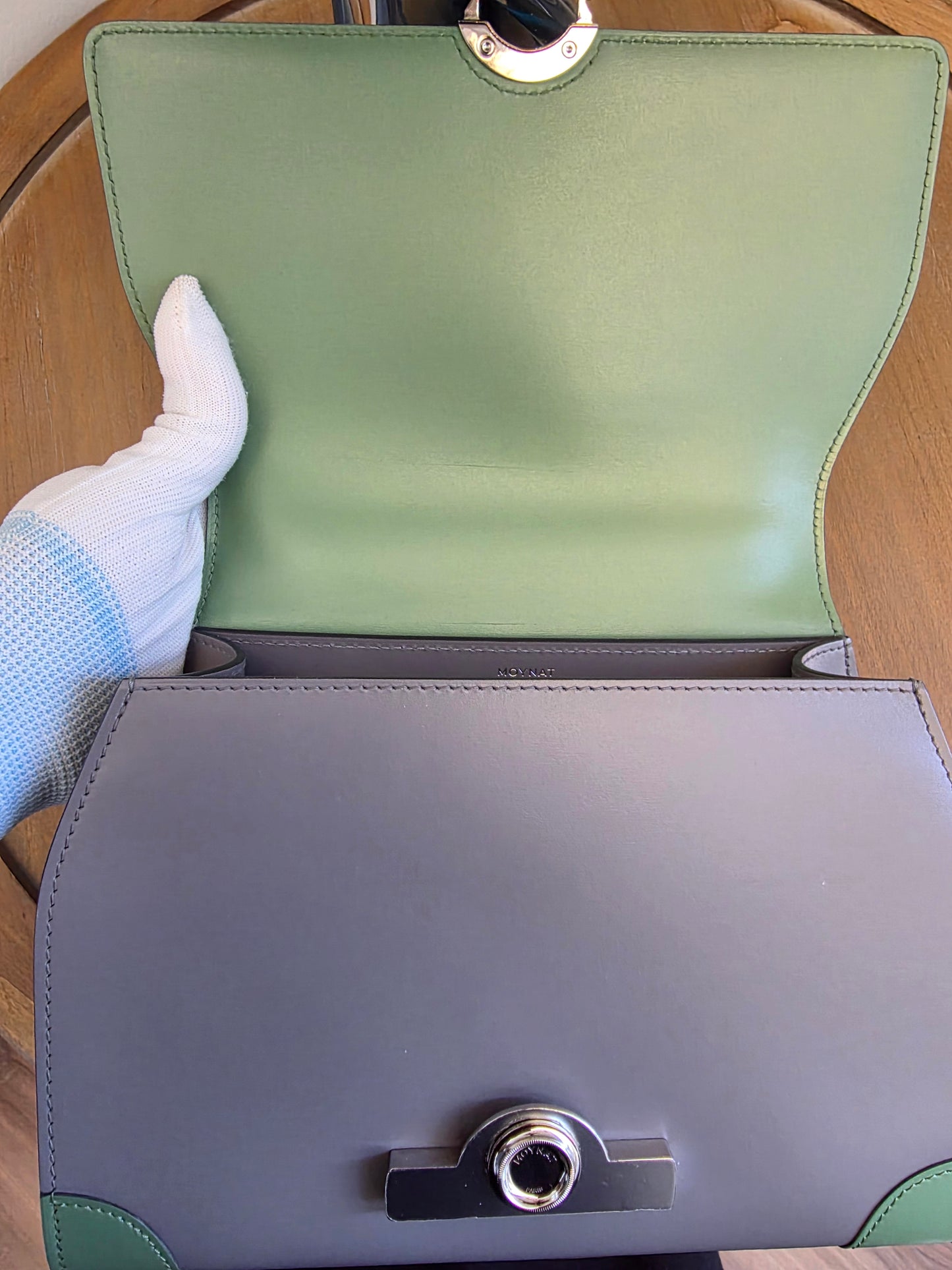 Moynat Réjane PM Top Handle Bag in Gris & Vert Calfskin