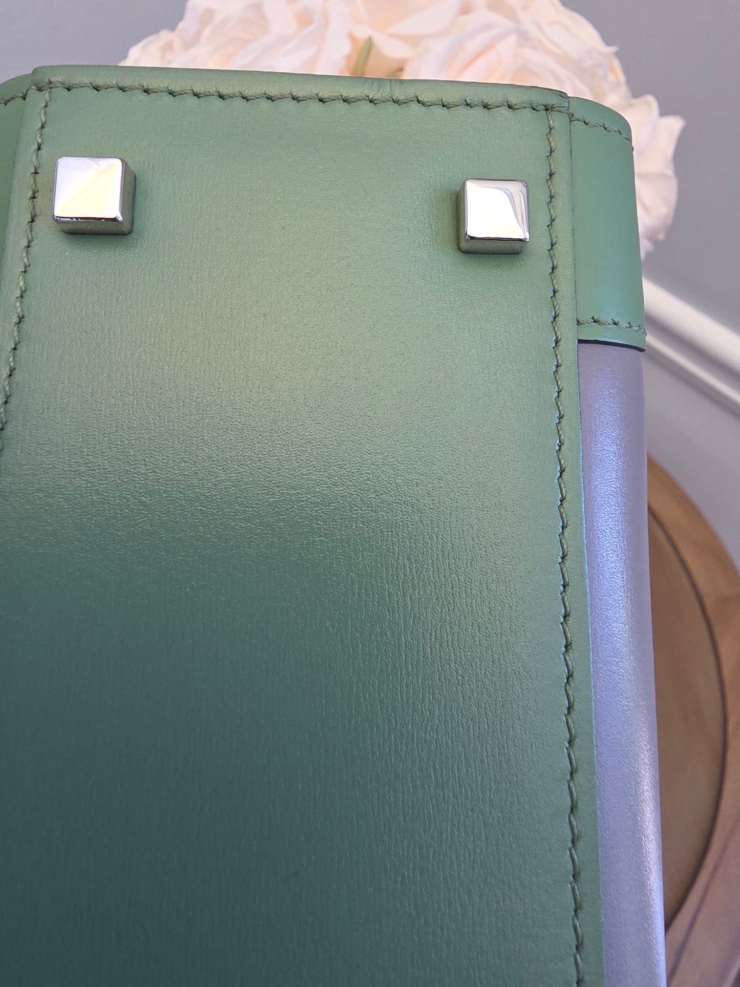 Moynat Réjane PM Top Handle Bag in Gris & Vert Calfskin