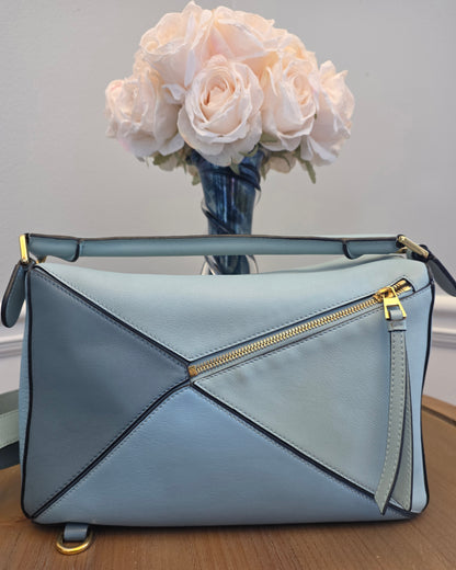 Loewe Small Puzzle Bag Powder Blue Leather Gold Hardware