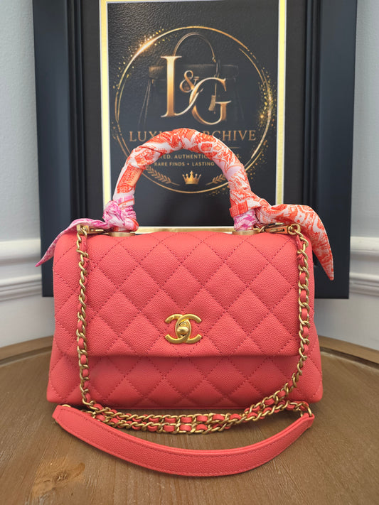 Chanel Small Coco Handle Bag | Peach Coral Caviar Leather | Aged Gold Hardware | Rare Color