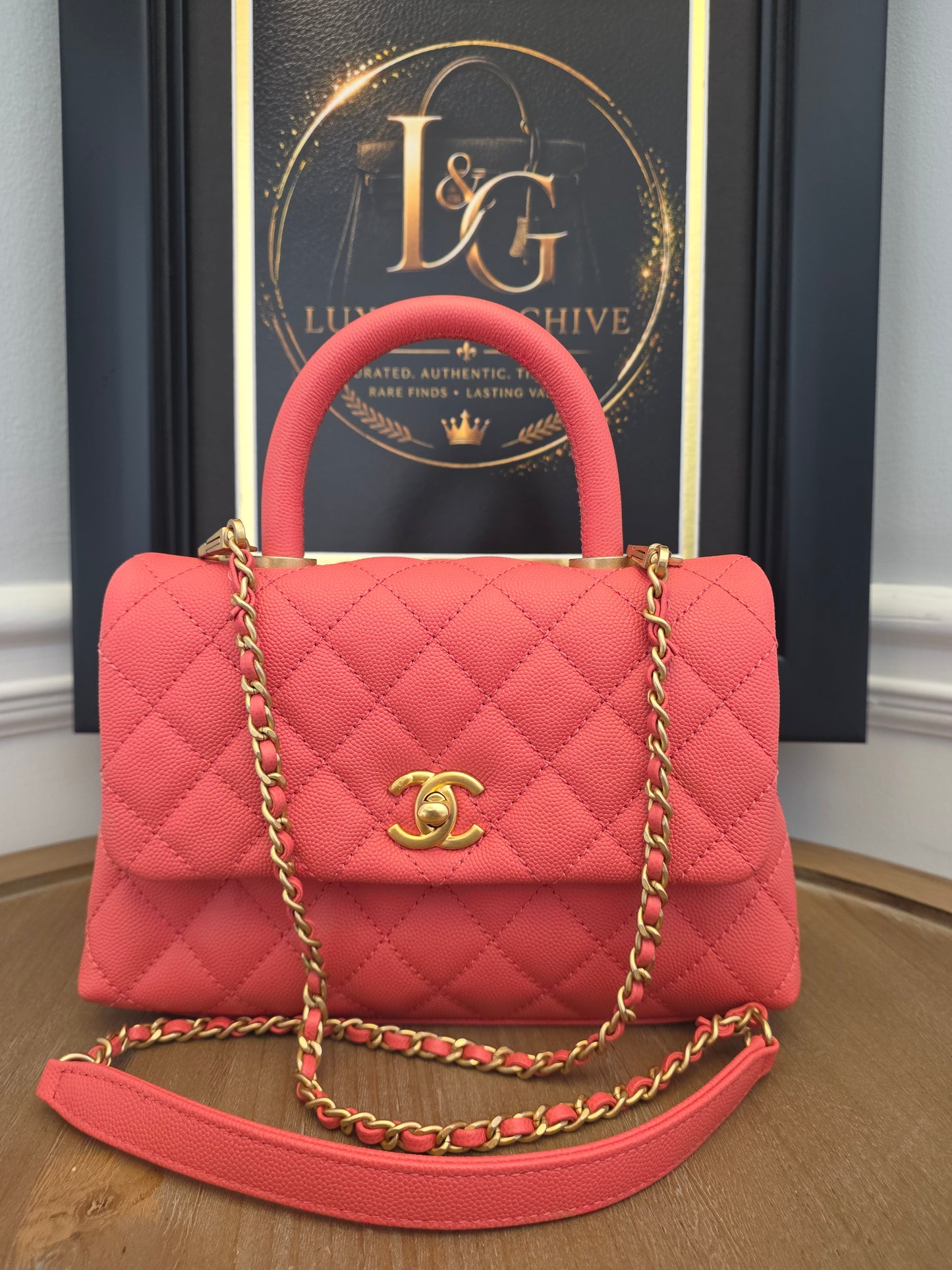 Chanel Small Coco Handle Bag | Peach Coral Caviar Leather | Aged Gold Hardware | Rare Color