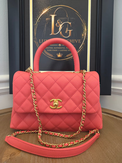 Chanel Small Coco Handle Bag | Peach Coral Caviar Leather | Aged Gold Hardware | Rare Color