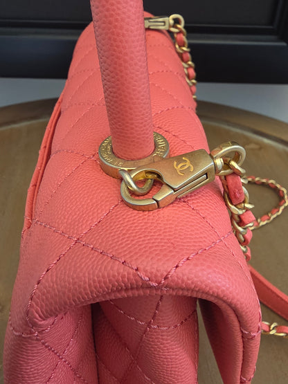 Chanel Small Coco Handle Bag | Peach Coral Caviar Leather | Aged Gold Hardware | Rare Color