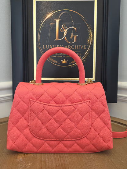 Chanel Small Coco Handle Bag | Peach Coral Caviar Leather | Aged Gold Hardware | Rare Color