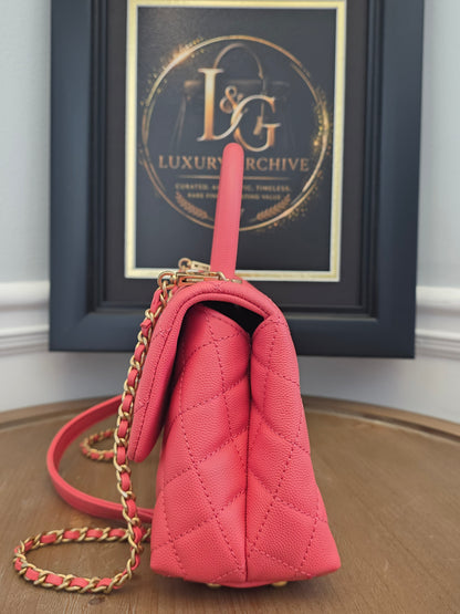 Chanel Small Coco Handle Bag | Peach Coral Caviar Leather | Aged Gold Hardware | Rare Color