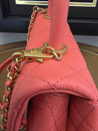 Chanel Small Coco Handle Bag | Peach Coral Caviar Leather | Aged Gold Hardware | Rare Color