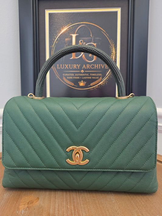 Chanel Chevron Top Handle Flap Bag in Emerald Caviar Leather | Ruthenium Hardware