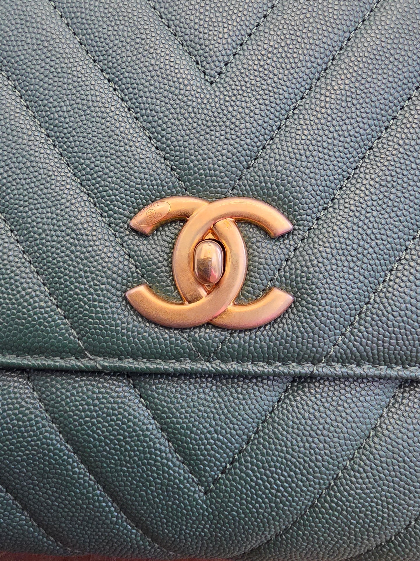 Chanel Chevron Top Handle Flap Bag in Emerald Caviar Leather | Ruthenium Hardware