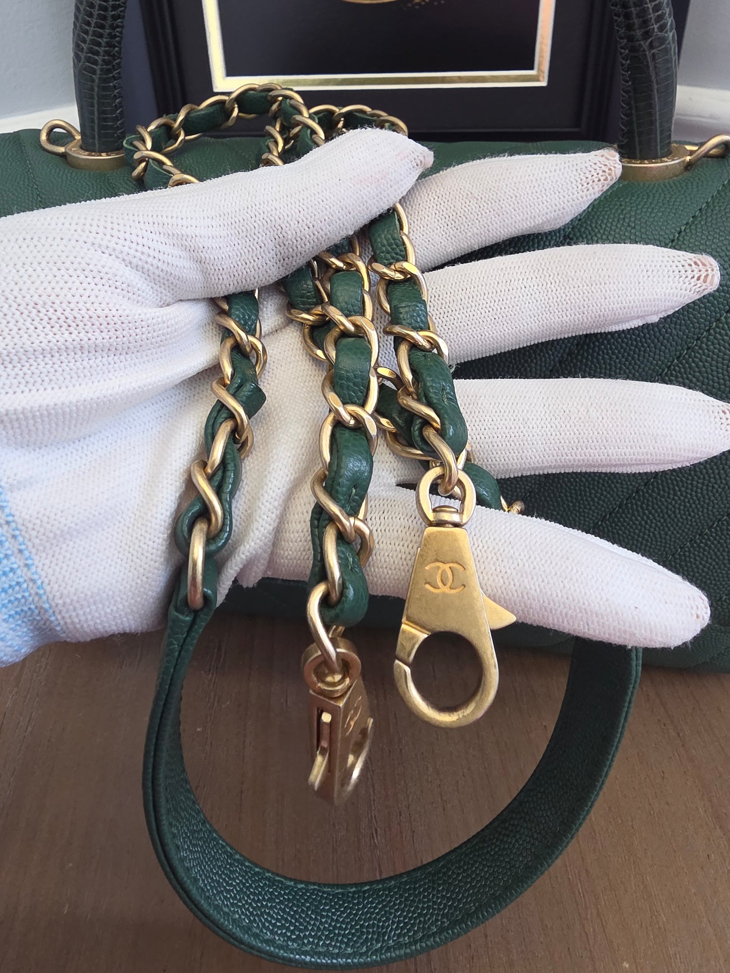 Chanel Chevron Top Handle Flap Bag in Emerald Caviar Leather | Ruthenium Hardware