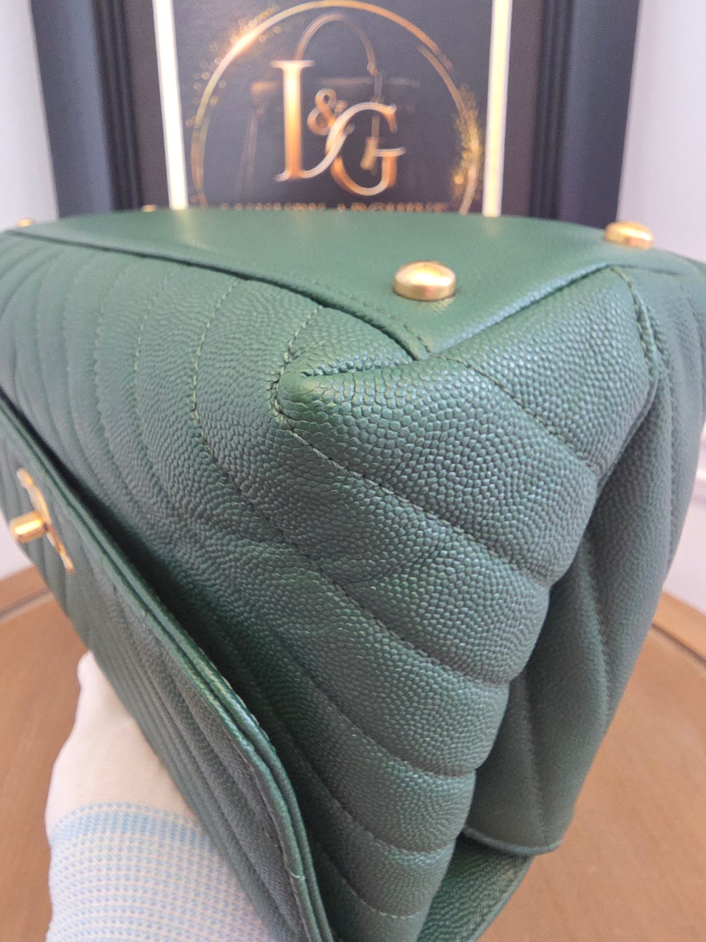 Chanel Chevron Top Handle Flap Bag in Emerald Caviar Leather | Ruthenium Hardware