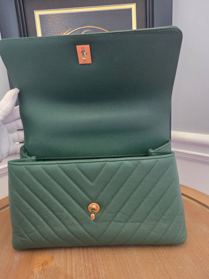 Chanel Chevron Top Handle Flap Bag in Emerald Caviar Leather | Ruthenium Hardware