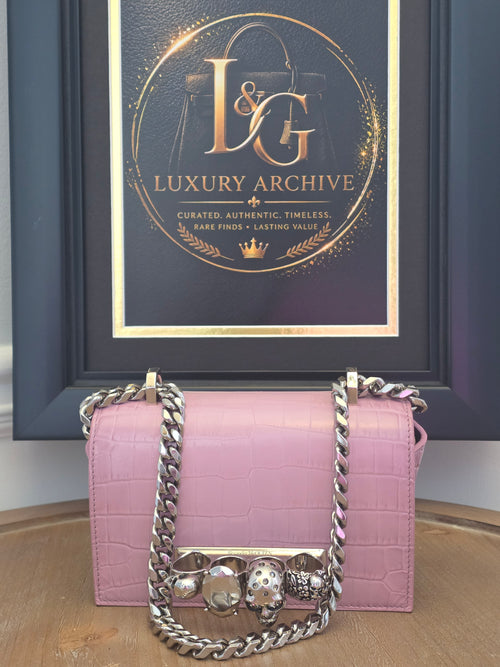 Alexander McQueen Pink Croc Embossed Knuckle Box Bag | Barbie Meets Bad Decisions