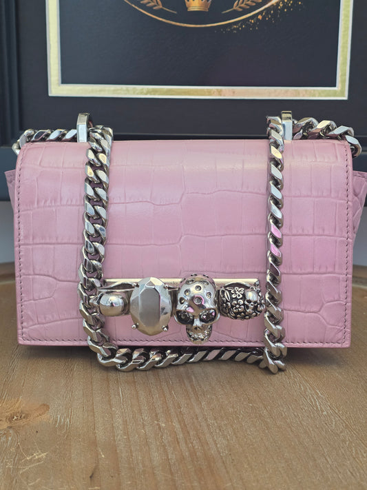 Alexander McQueen Pink Croc Embossed Knuckle Box Bag | Barbie Meets Bad Decisions