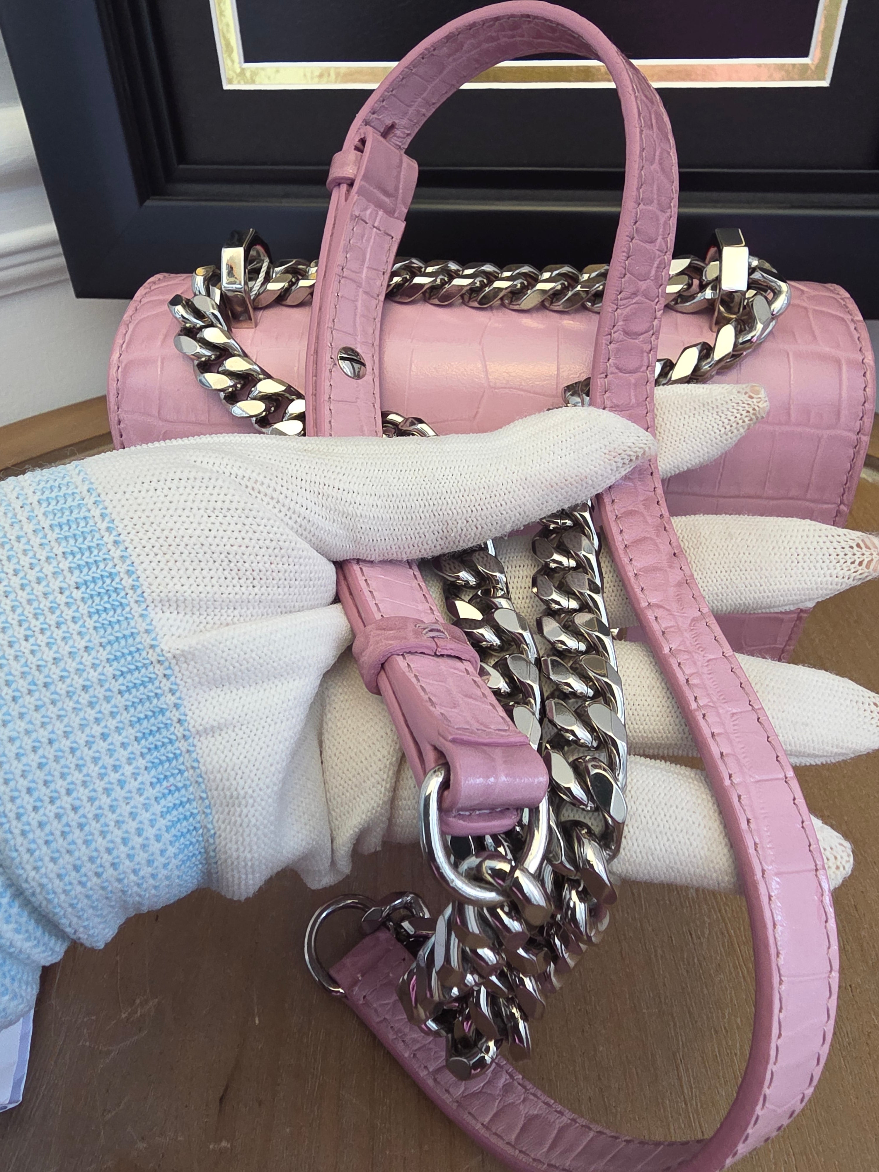 Alexander McQueen Pink Croc Embossed Knuckle Box Bag | Barbie Meets Bad Decisions