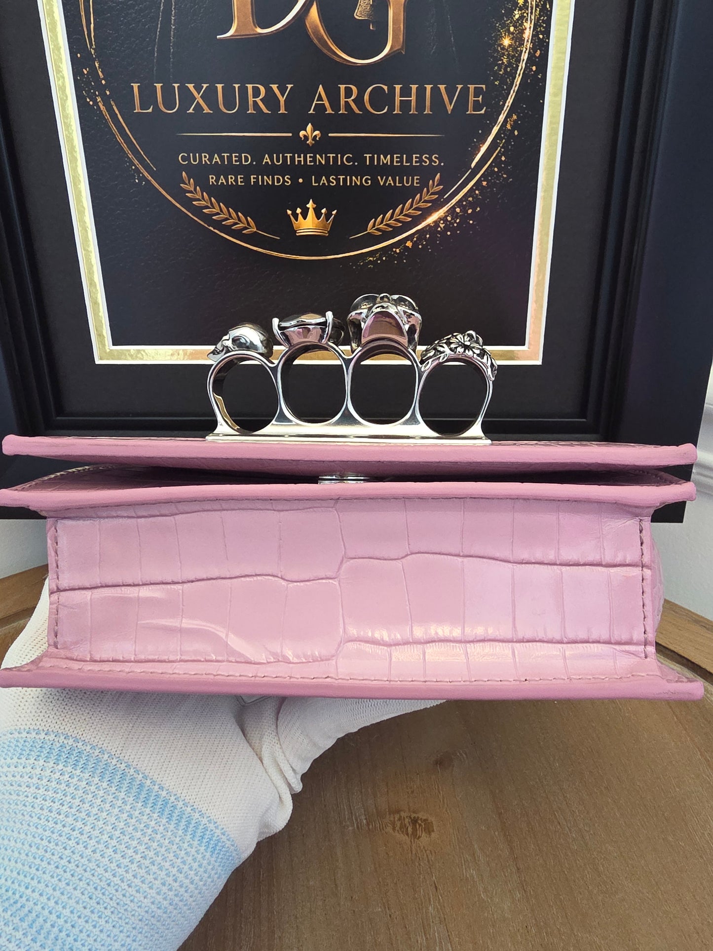 Alexander McQueen Pink Croc Embossed Knuckle Box Bag | Barbie Meets Bad Decisions