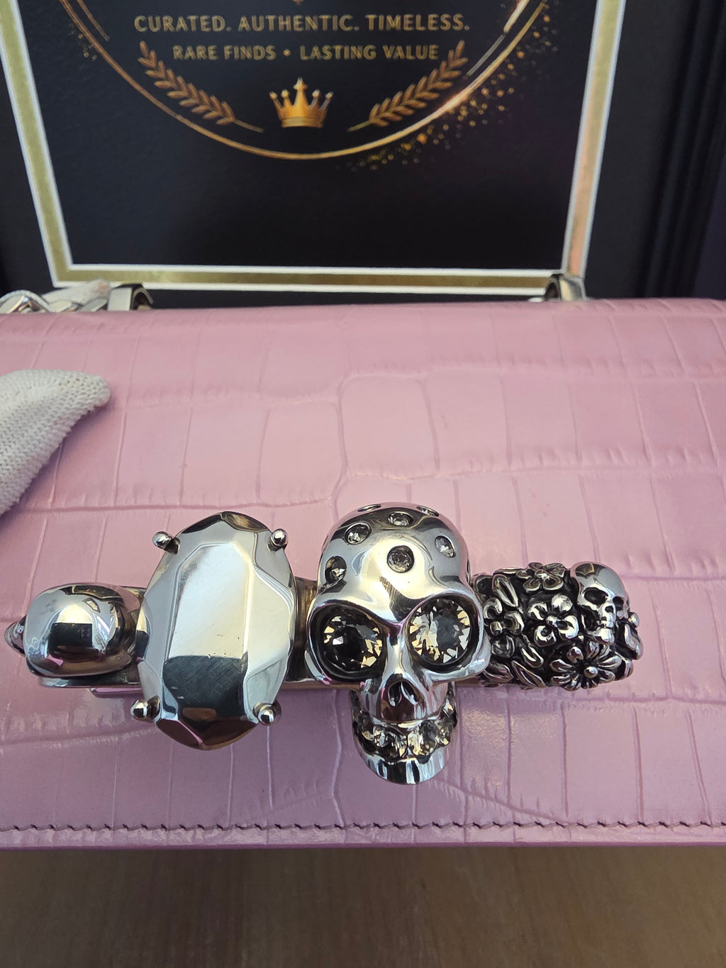 Alexander McQueen Pink Croc Embossed Knuckle Box Bag | Barbie Meets Bad Decisions