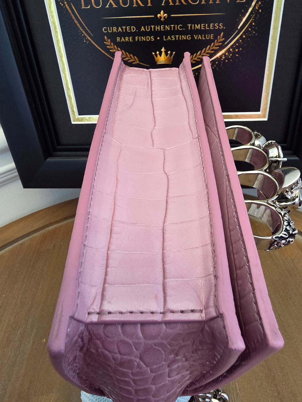 Alexander McQueen Pink Croc Embossed Knuckle Box Bag | Barbie Meets Bad Decisions
