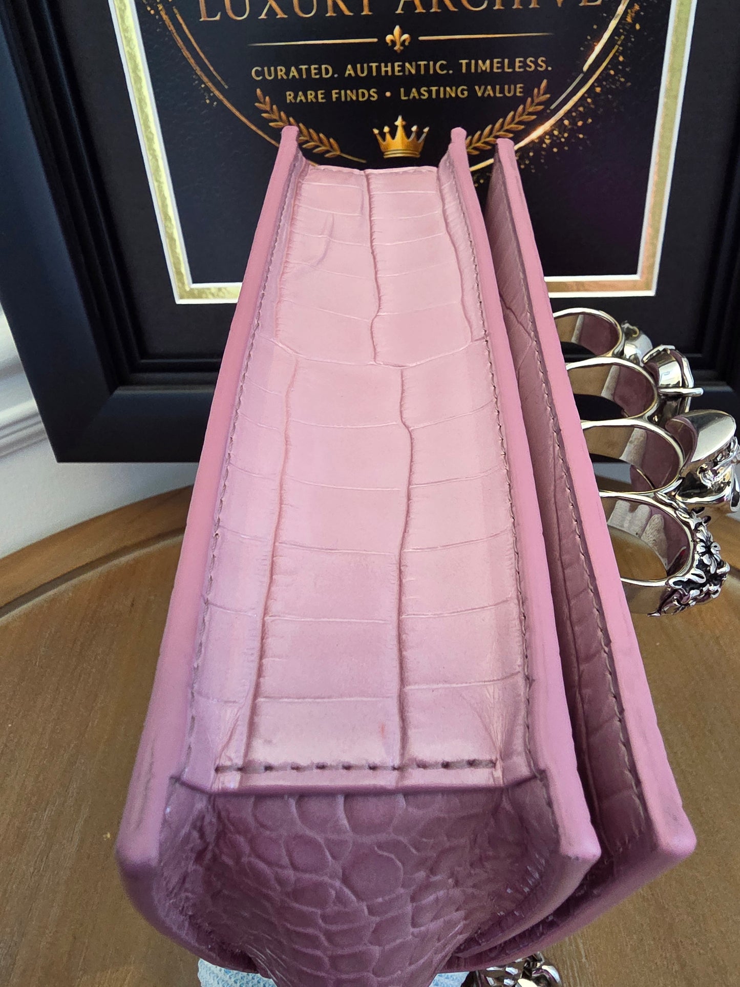 Alexander McQueen Pink Croc Embossed Knuckle Box Bag | Barbie Meets Bad Decisions