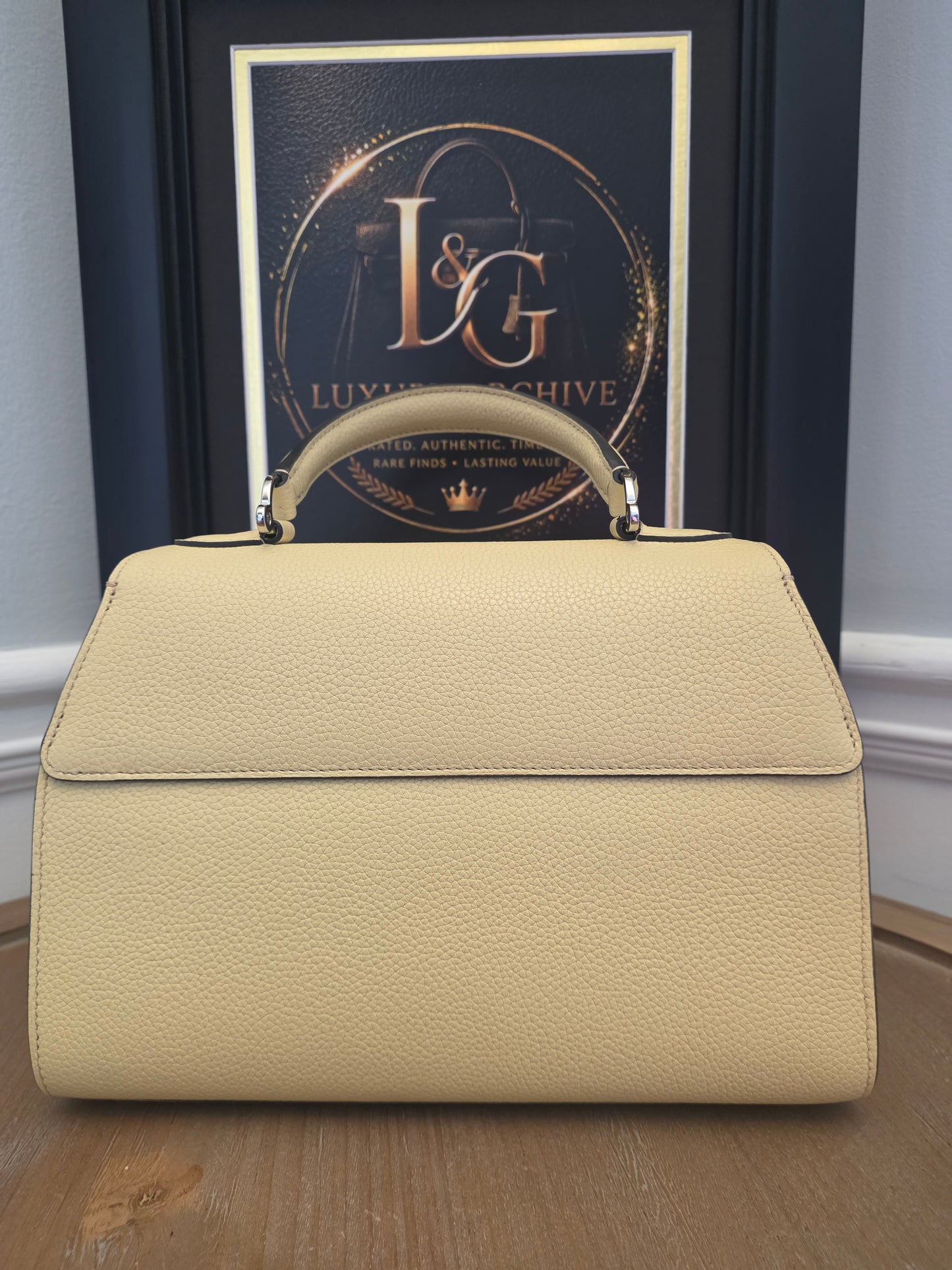 Moynat Réjane PM Greige Togo Leather Top Handle Bag