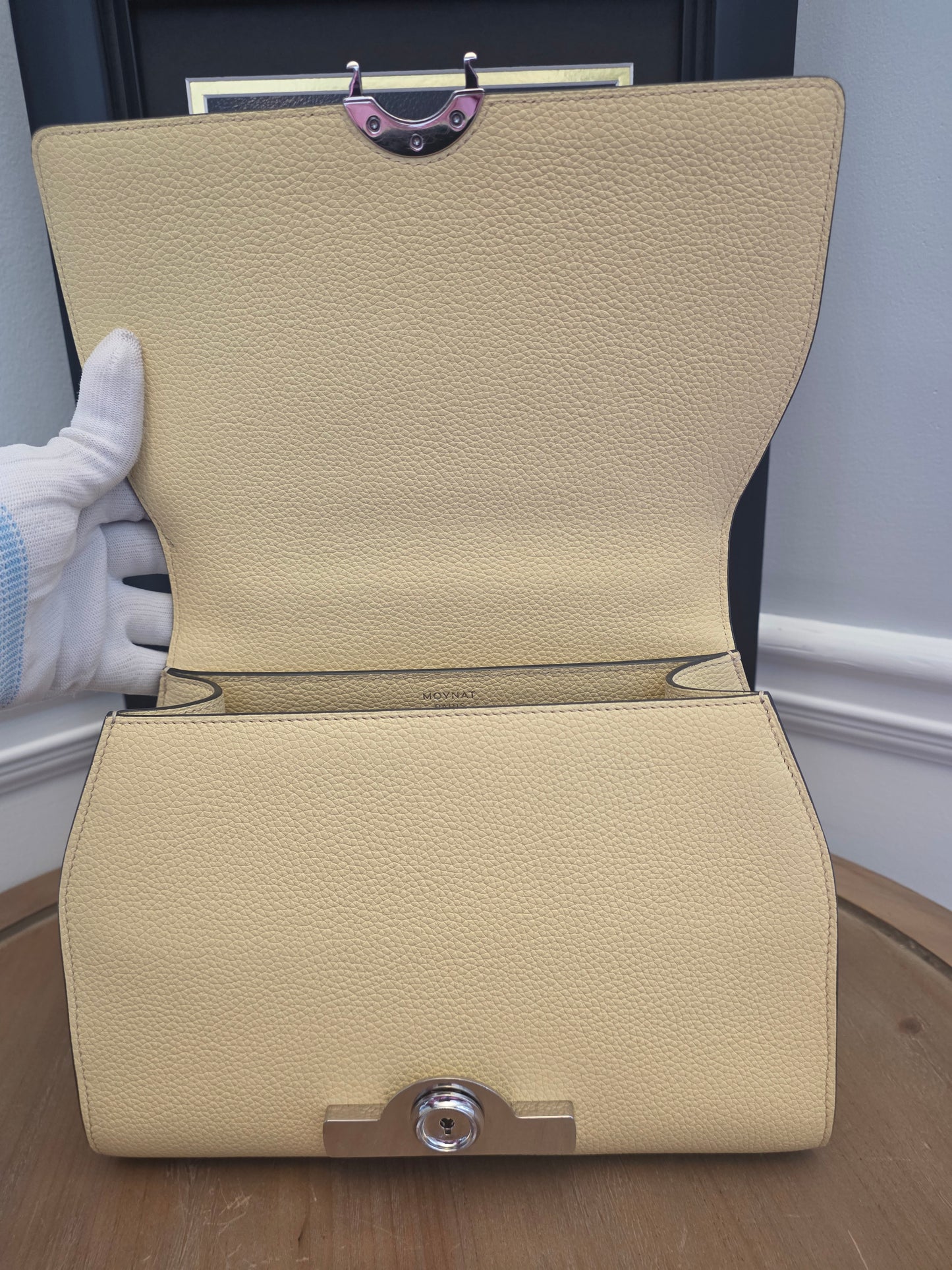 Moynat Réjane PM Greige Togo Leather Top Handle Bag