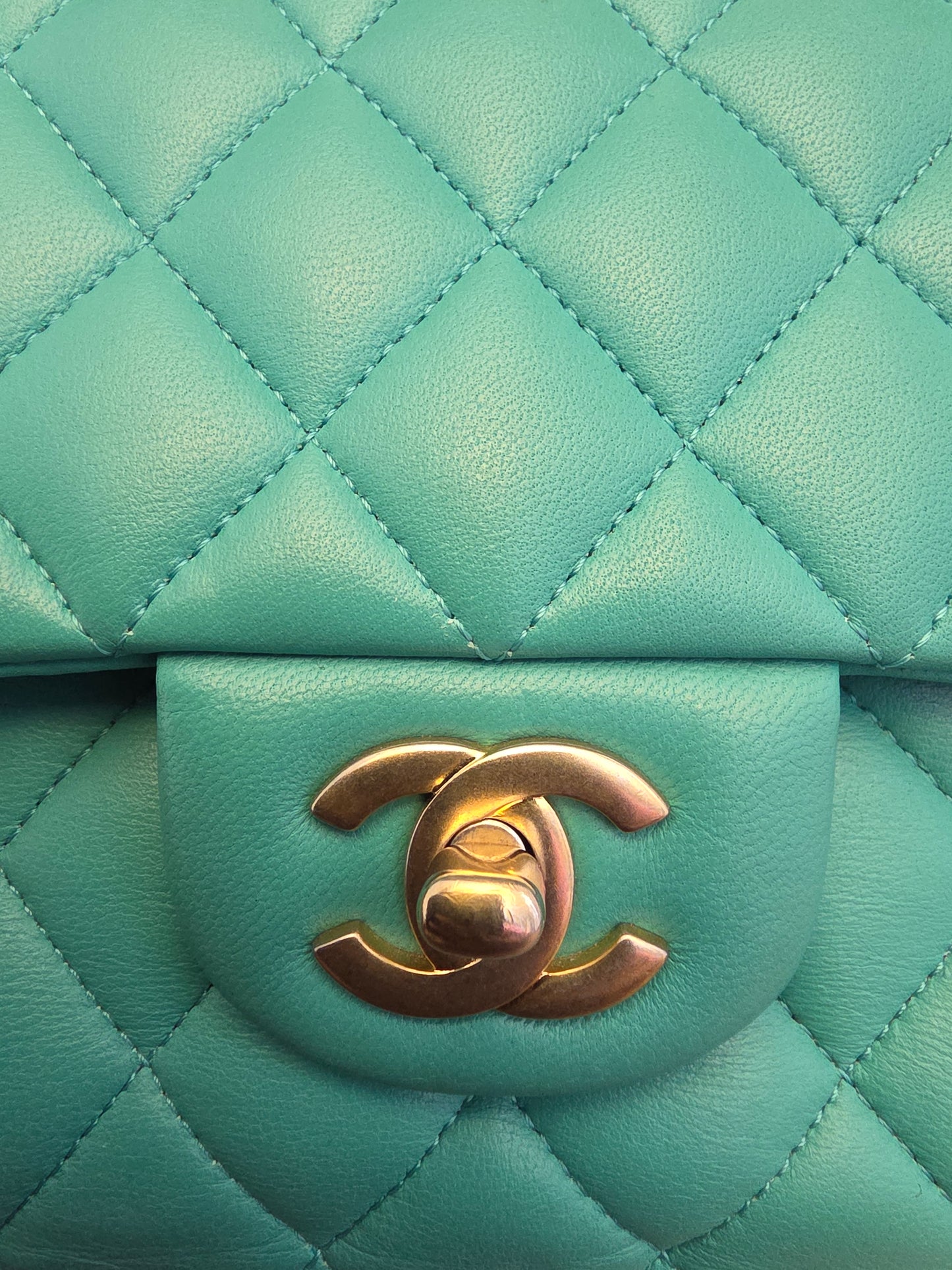 Chanel Classic Flap Medium  Turquoise / Tiffany Blue Lambskin with Brushed Gold Hardware Serial: 27-series | Made in France