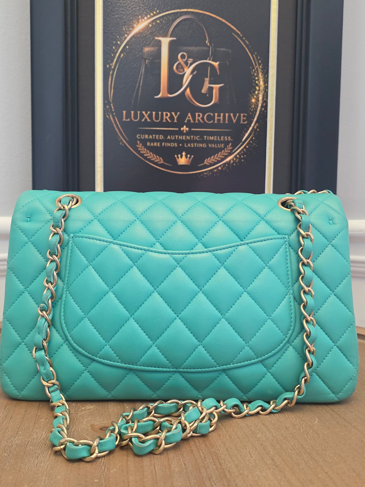Chanel Classic Flap Medium  Turquoise / Tiffany Blue Lambskin with Brushed Gold Hardware Serial: 27-series | Made in France