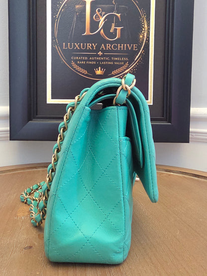 Chanel Classic Flap Medium  Turquoise / Tiffany Blue Lambskin with Brushed Gold Hardware Serial: 27-series | Made in France