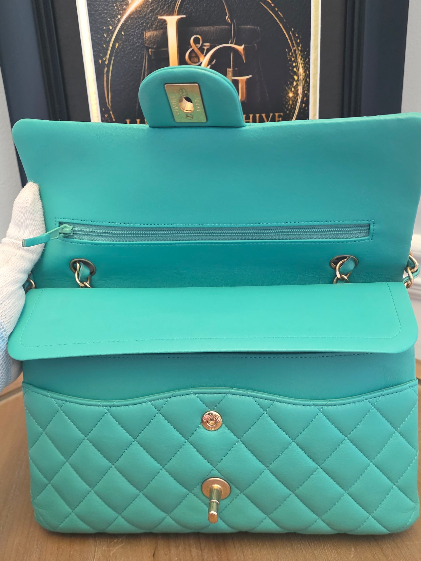 Chanel Classic Flap Medium  Turquoise / Tiffany Blue Lambskin with Brushed Gold Hardware Serial: 27-series | Made in France