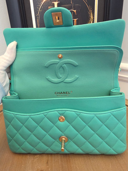 Chanel Classic Flap Medium  Turquoise / Tiffany Blue Lambskin with Brushed Gold Hardware Serial: 27-series | Made in France