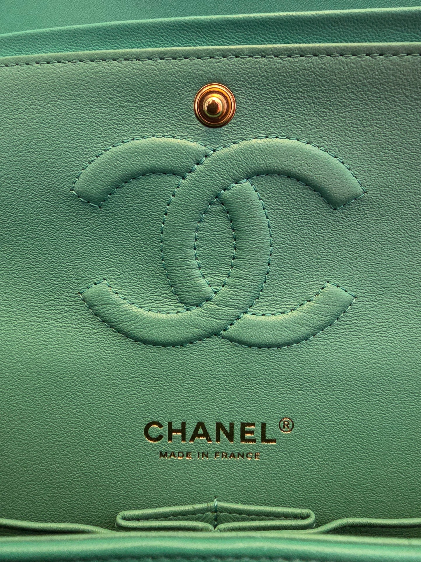 Chanel Classic Flap Medium  Turquoise / Tiffany Blue Lambskin with Brushed Gold Hardware Serial: 27-series | Made in France