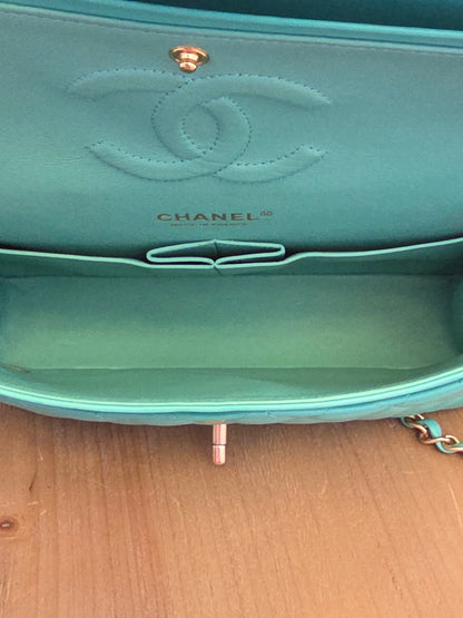 Chanel Classic Flap Medium  Turquoise / Tiffany Blue Lambskin with Brushed Gold Hardware Serial: 27-series | Made in France