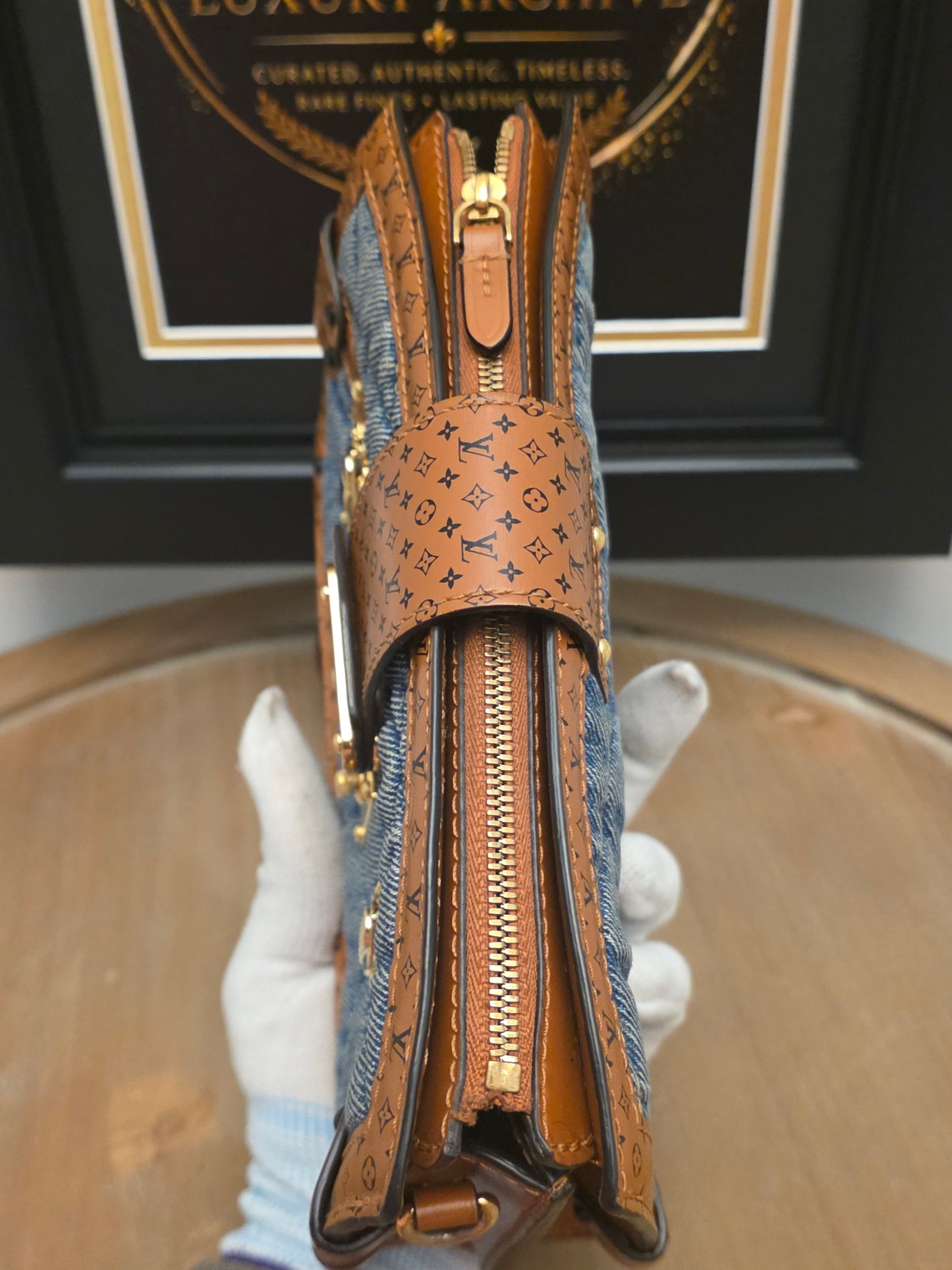 Louis Vuitton Denim Quilted Trunk Chain Wallet Bag  Description