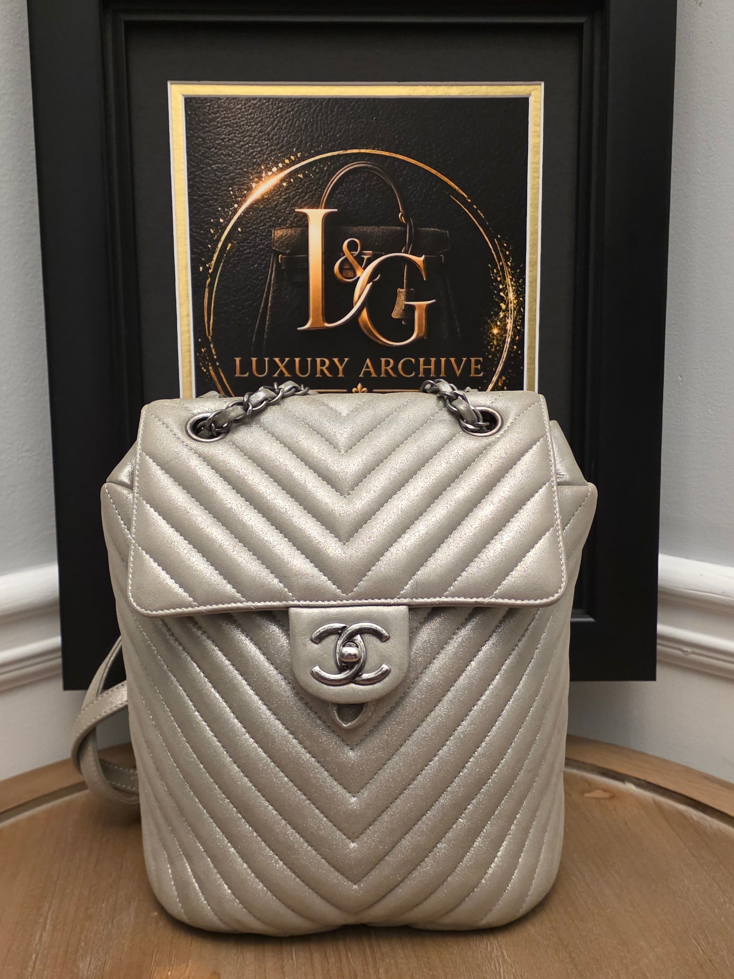 Chanel Chevron Backpack — Metallic Champagne / Pearlized Calfskin