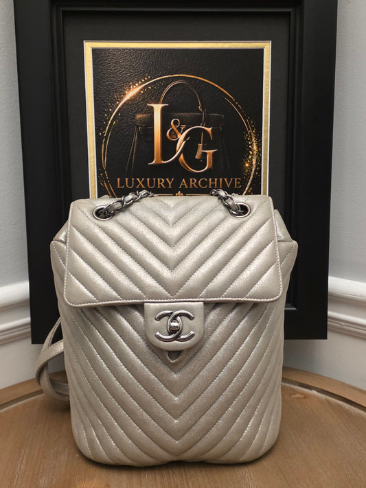 Chanel Chevron Backpack — Metallic Champagne / Pearlized Calfskin
