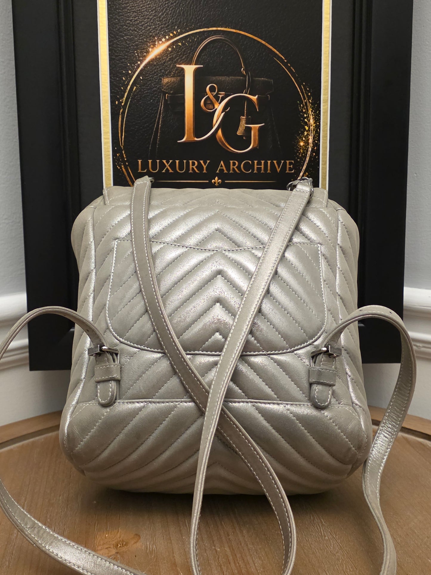 Chanel Chevron Backpack — Metallic Champagne / Pearlized Calfskin