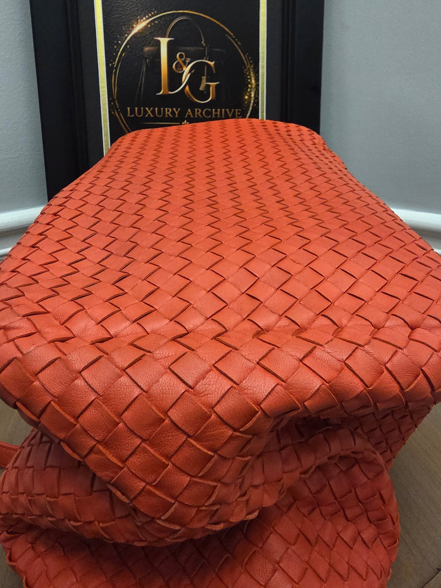 Bottega Veneta Maxi Cabat Intrecciato Woven Leather Tote Bag Coral Orange XL
