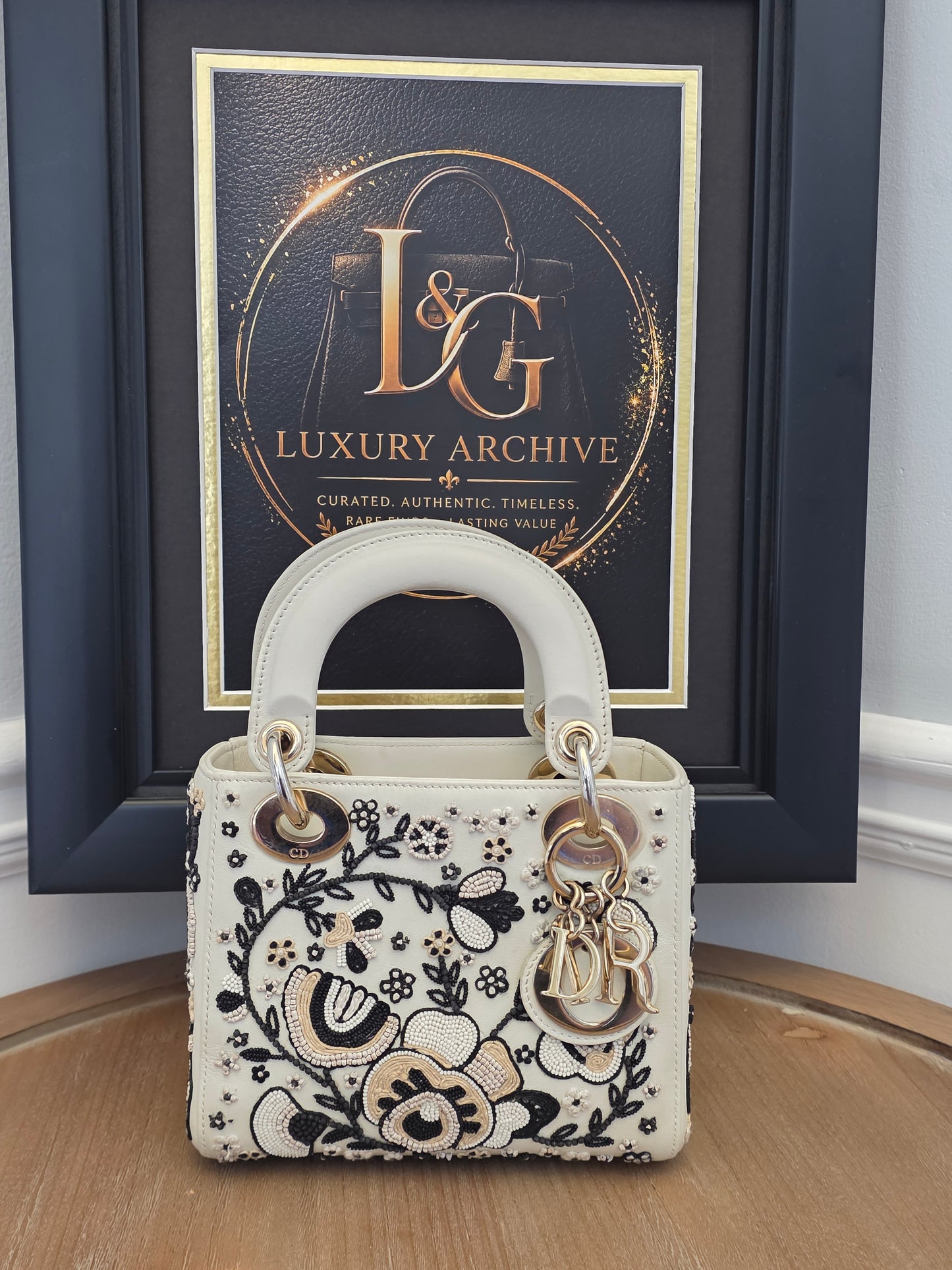 Christian Dior Mini Lady Dior Floral Beaded Embroidered Lambskin Bag – Ivory/Black