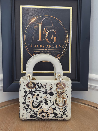 Christian Dior Mini Lady Dior Floral Beaded Embroidered Lambskin Bag – Ivory/Black
