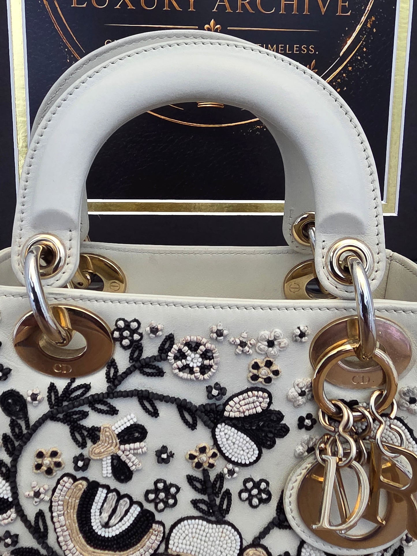 Christian Dior Mini Lady Dior Floral Beaded Embroidered Lambskin Bag – Ivory/Black