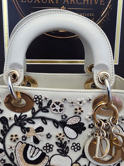 Christian Dior Mini Lady Dior Floral Beaded Embroidered Lambskin Bag – Ivory/Black