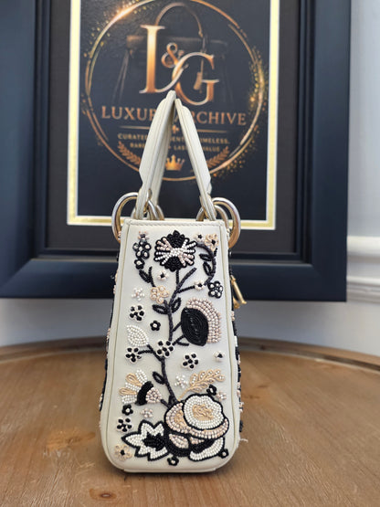 Christian Dior Mini Lady Dior Floral Beaded Embroidered Lambskin Bag – Ivory/Black
