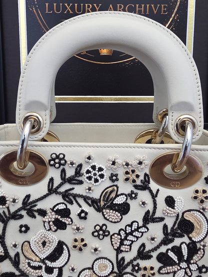 Christian Dior Mini Lady Dior Floral Beaded Embroidered Lambskin Bag – Ivory/Black