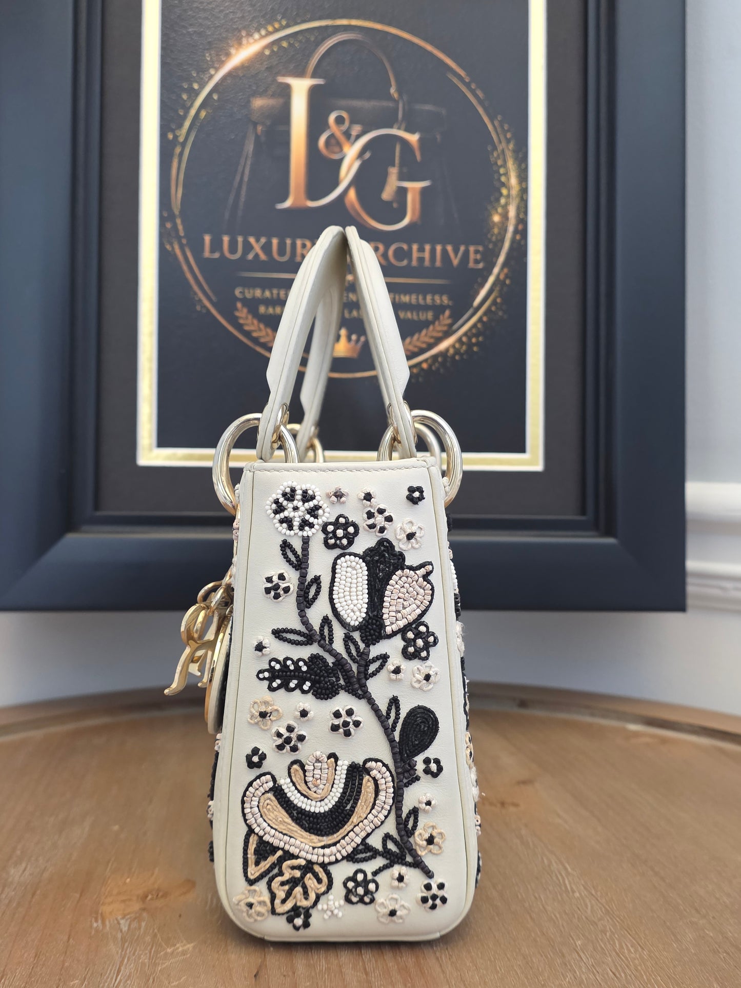 Christian Dior Mini Lady Dior Floral Beaded Embroidered Lambskin Bag – Ivory/Black