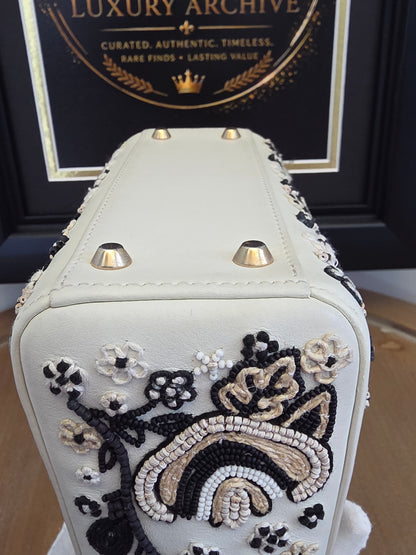 Christian Dior Mini Lady Dior Floral Beaded Embroidered Lambskin Bag – Ivory/Black