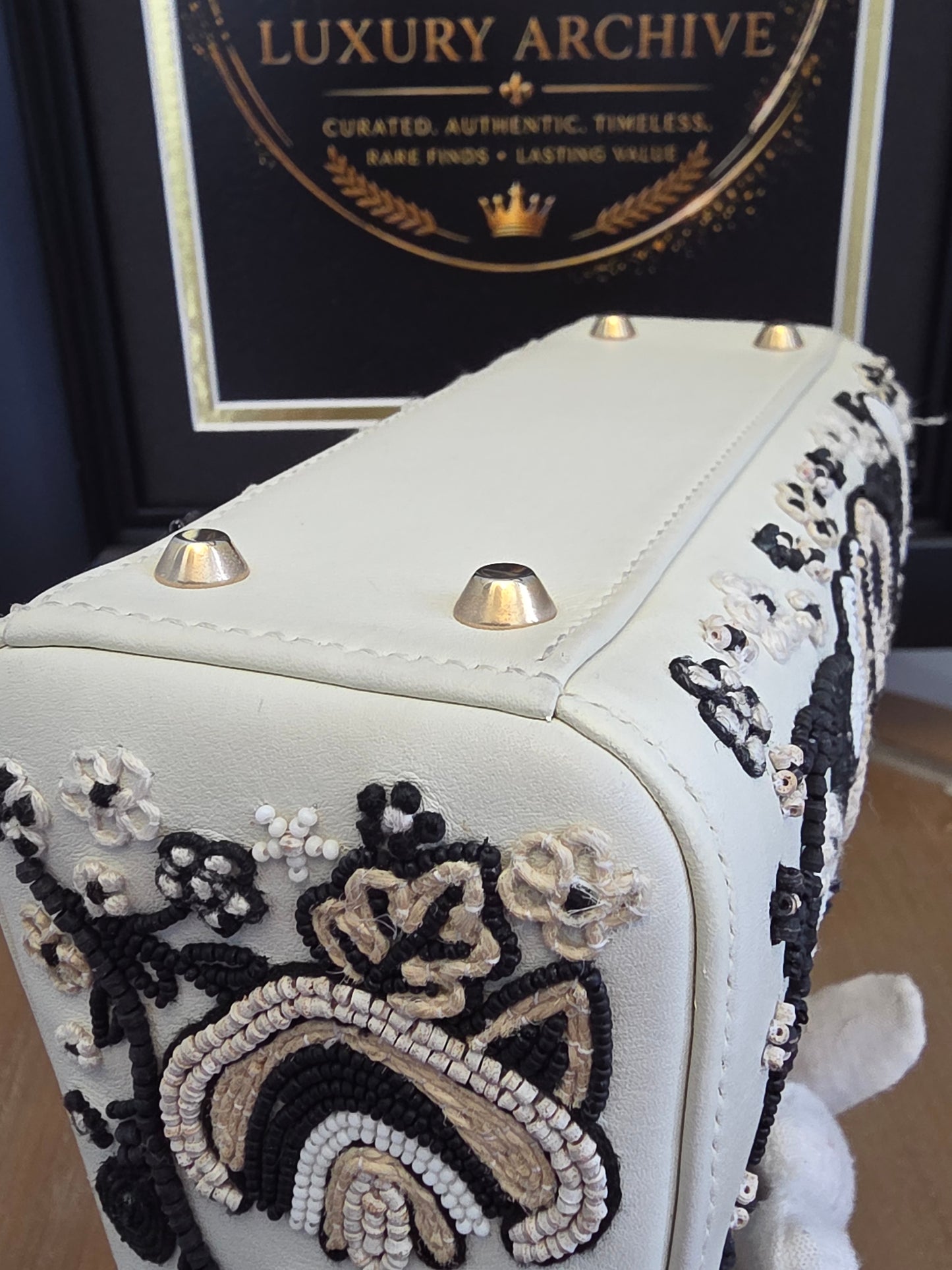 Christian Dior Mini Lady Dior Floral Beaded Embroidered Lambskin Bag – Ivory/Black