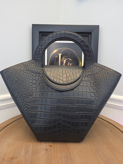 Bottega Veneta Black Crocodile Embossed Leather Top Handle Tote with Matching Pouch  IG Luxury Archive Description