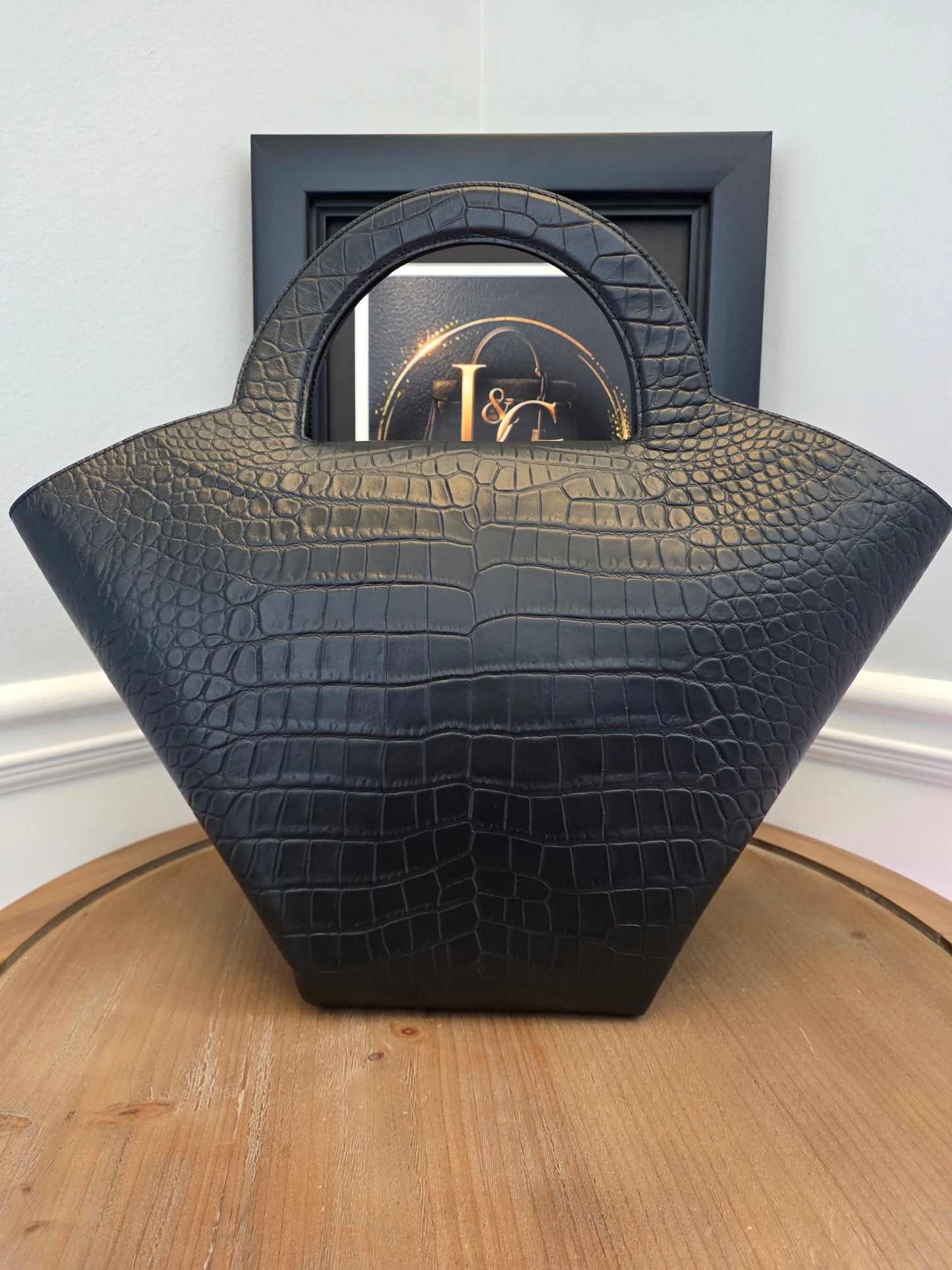 Bottega Veneta Black Crocodile Embossed Leather Top Handle Tote with Matching Pouch  IG Luxury Archive Description